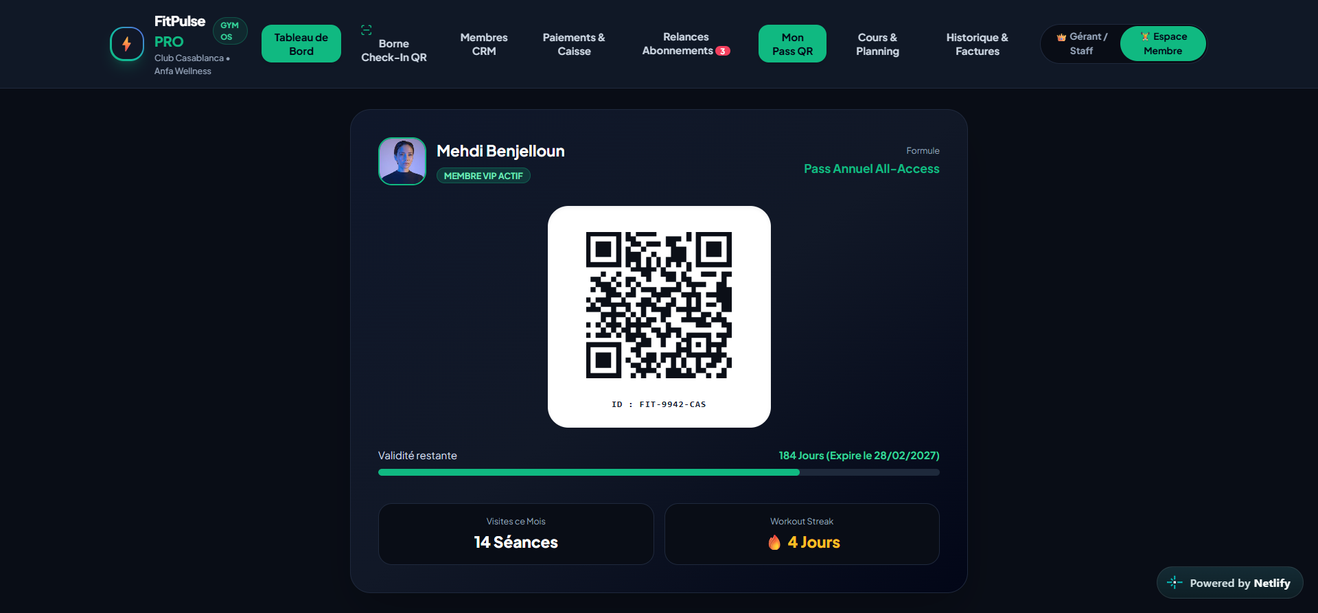FitPulse member QR code screen.